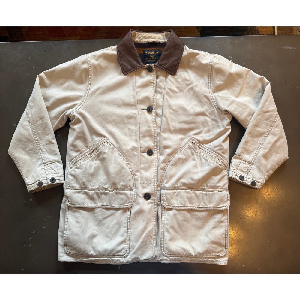 Vintage Woolrich Jacket Khaki Striped Canvas Chore Coat 90s Stone Leather Collar